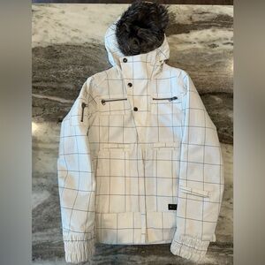 Burton White Check Ski Jacket with Faux Fur Hood